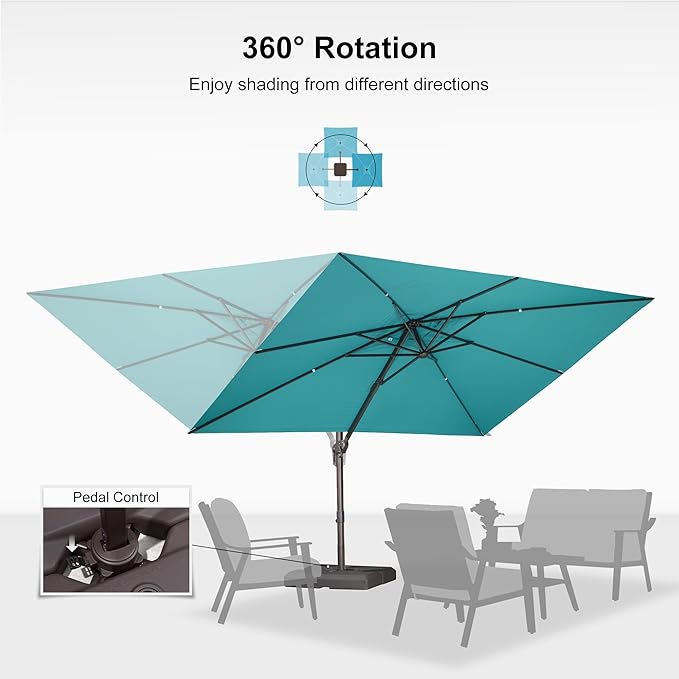 PURPLE LEAF 9' X 11.5' Rectangle Cantilever Umbrella Patio Umbrella Antique Bronze Outdoor Aluminum Offset Hanging Umbrella with 360-degree Rotation for Pool Garden Backyard Deck, Turquoise