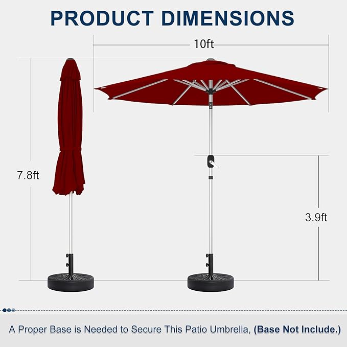 10FT Aluminum Outdoor Patio Umbrella, Fade-Resistant Market Umbrella with Push Button Tilt Function, 8 Sturdy All-Aluminum Ribs for Gardens, Patios, Backyards & Pools
