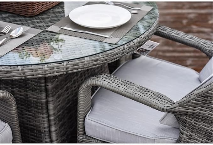 Pemberly Row 5-Piece Round Aluminum Rattan Outdoor Dining Set, Gray, Tempered Glass Table, All-Weather Wicker, Soft Cushioned Chairs, Modern Patio Furniture for Backyard or Garden