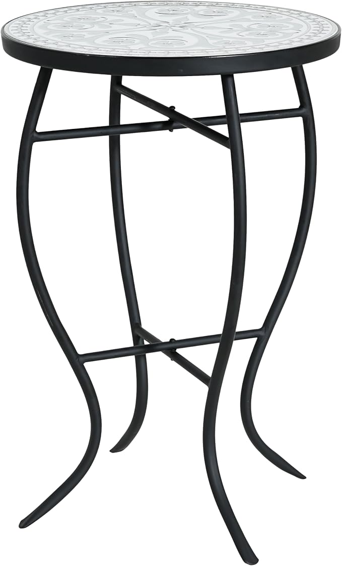 Christopher Knight Home Lora Small Outdoor Side Table with Curved Legs, Patio Decorative End Table for Garden Porch Backyard, Mosaic-Style Round Tabletop, Durable Iron Frame, Grey + Black