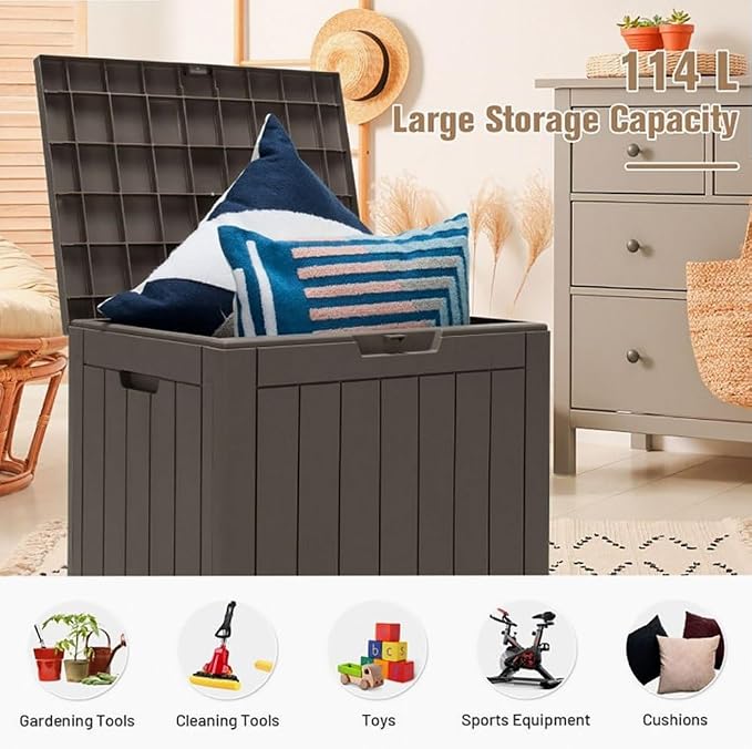 Light Brown 30-Gallon Deck Box Storage with Woodgrain Texture, 22x17x21in for Patio & Garden - Waterproof Lid, UV-Resistant