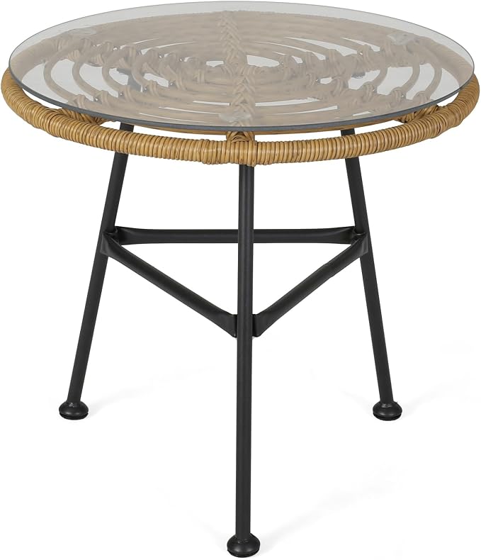 Penau Outdoor Round Faux Rattan Side Table with Tempered Glass Top, Steel Frame, Light Brown, 19.5 x 19.5 x 18.5 Inchs, Modern Balcony Porch Deck End Table