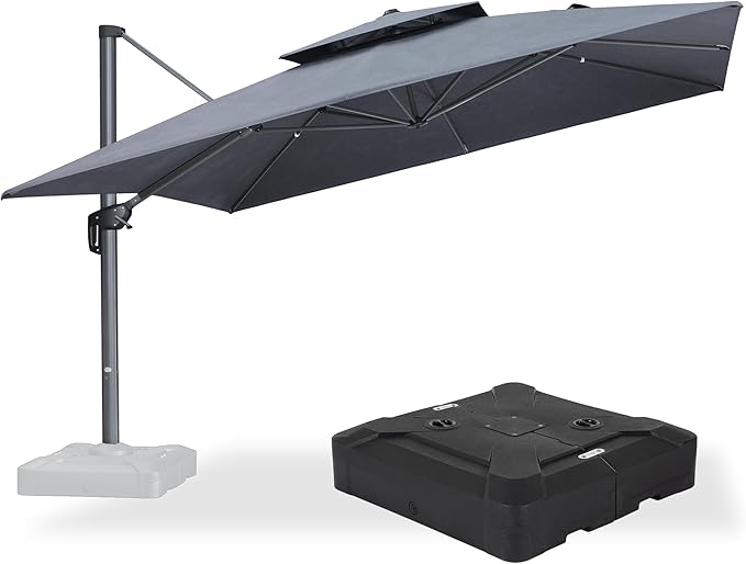 PURPLE LEAF Cantilever Umbrella with Base Included 12FT Heavy Duty Large Double Top Offset Hanging 360° Rotation Square Umbrella for Garden Patio Deck Pool Backyard Cast Slate