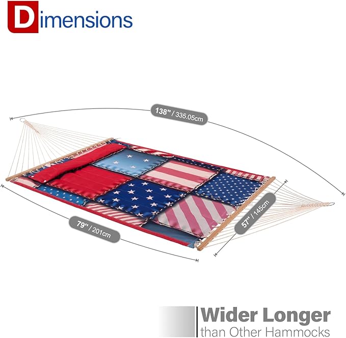 Backyard Expressions Reversible Quilted Hammock - Single or Double Hammock for Outdoor Relaxation with Matching Pillow, Flag Patchwork