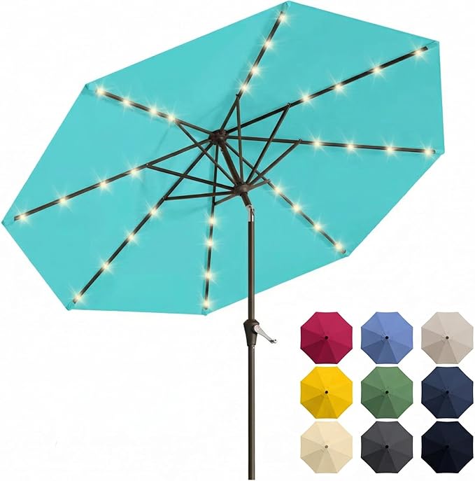 10FT Solar Patio Umbrella with Lights, Outdoor Table Market Umbrella with 32 LED Lights, 8 Sturdy Ribs, Push Button Tilt and Crank for Pool, Deck and Garden, UV-Resistant