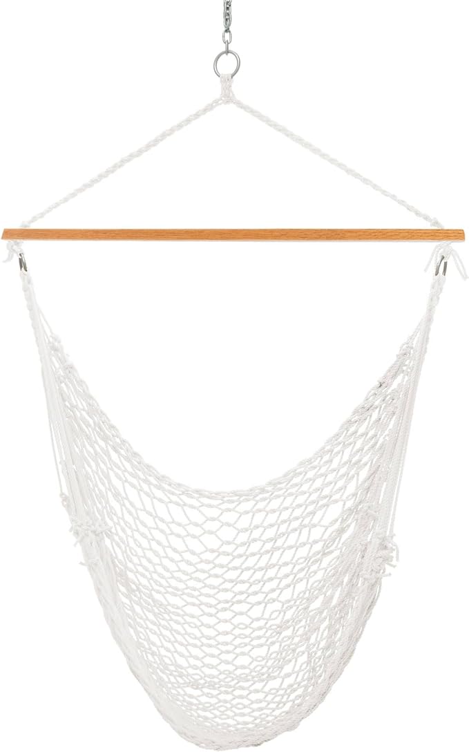 Original Pawleys Island Single Hammock Chair – White DuraCord Rope, 350 lb Capacity, Oak Spreader Bar, Zinc Plated Hardware, Handcrafted in The USA
