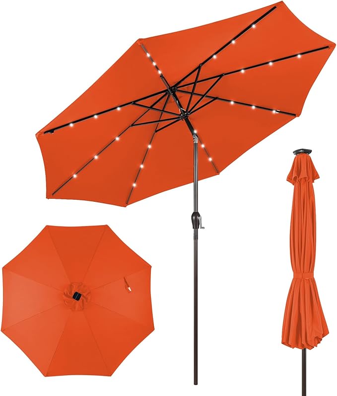 Giantex 9ft/10ft Outdoor Patio umbrella with Solar Lights, Table Market Umbrella with Crank and Push-button Tilt System, Solar LED Lighted Patio Umbrella for Backyard Deck Pool Beach