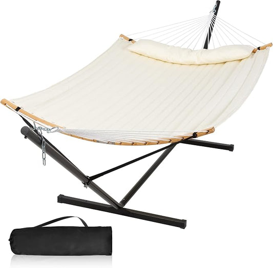 Outdoor Hammock with Stand Included, Two Person Hammock with Curved Spreader Bar, Pillow and Portable Bag, 450 Lbs Capacity, Beige