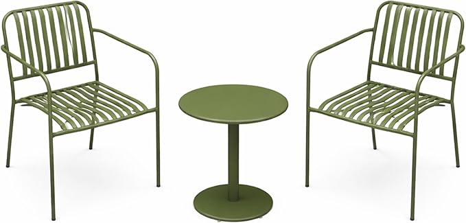 Alpine Corporation VTFAM152A Metal Outdoor Bistro Set, 3-Piece Patio Conversation Set with Round Side Table & 2 Chairs, Weather-Resistant Steel Frame, Compact Balcony Furniture, Green