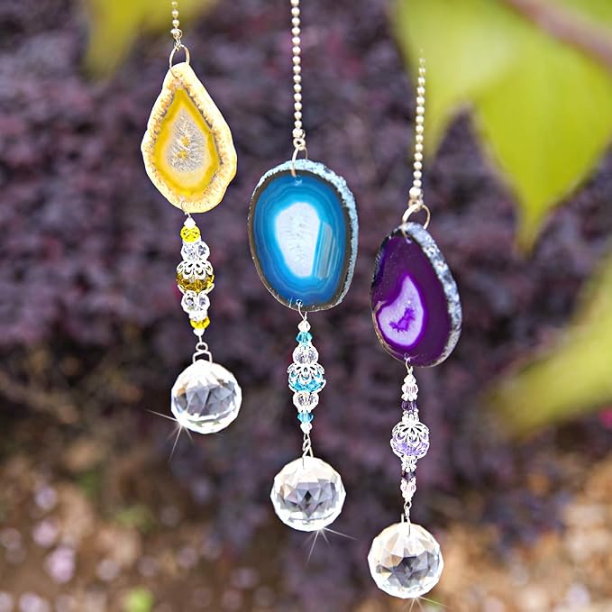3 Pcs Crystal Ball Suncatcher with Agate Wind Chime Window Home Decor | Crystal Ball Suncatcher Wind Chime with Agate Slices Hanging Ornament Set of 3 for Window Garden Home Office Wedding Decor