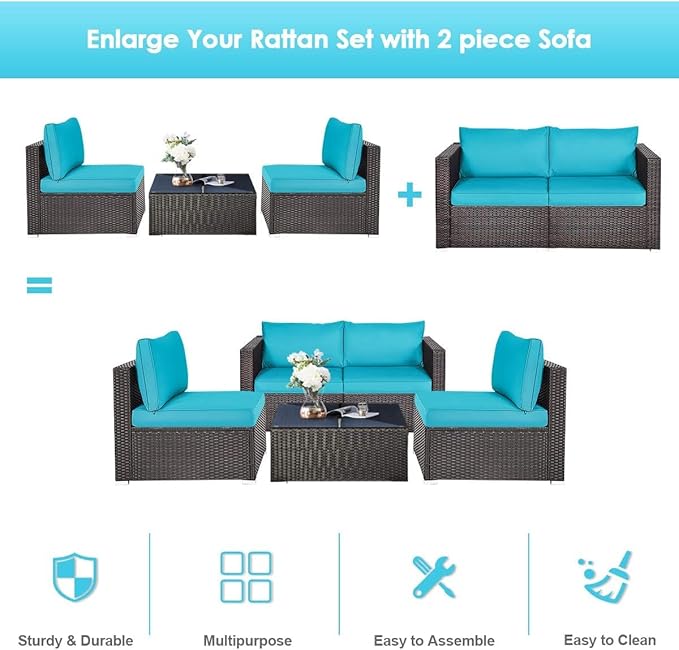 COSTWAY 2PCS Patio Rattan Corner Sofa Sectional Furniture Conversation Set