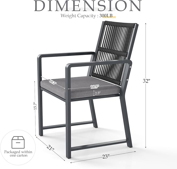 Outdoor Patio Wicker Rattan Dining Chairs, Heavy-Duty Wrought Iron Frame Supports 400lbs, Ergonomic Backrest, Detachable Breathable Cushion, for Garden & Porch, Dark Gray, Set of 2