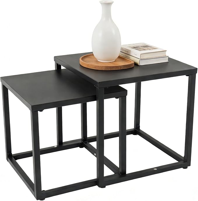 Meluvici Patio Outdoor Coffee Table Set of 2, Weather Resistant Steel Square End Tables, Outdoor Nesting Tables for Patio, Balcony, Bistro and Indoor, Black (Black)