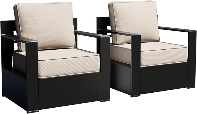 Outdoor Patio Furniture Aluminum Patio Chairs, All-Weather Metal Outdoor Chair with 6 Inch Thick Cushions, Deep Setting for Garden, Outside and Porch, Beige