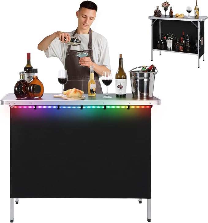 REDCAMP Portable Bar Table with Multi-Color LED Lights, Pop Up Folding Mobile Bar Bartender Table Podium Table for Events, Party, Camping, Tradeshow, Exhibition, Easy Setup, Black,43"x33"x15"