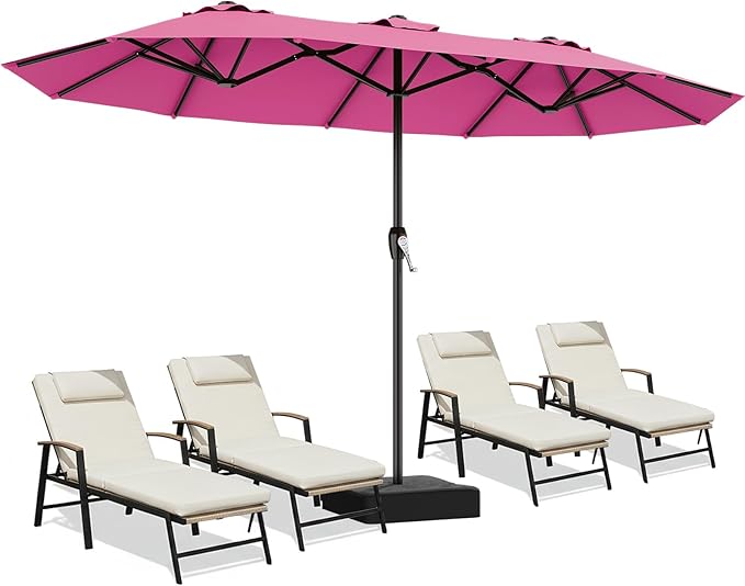 AreShark 15ft Patio Umbrella with Base, Double Sided Outdoor Umbrella with 12 Fiberglass Ribs, Large Outdoor Umbrella for Garden, Pool, Deck, Backyard & Market, Rose Pink