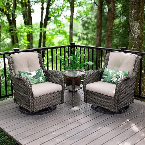 Outdoor 360 Degree Swivel Rocker Patio Chairs Set of 2 and Matching Side Table - 3 Piece Patio Wicker Glider Chairs with Olefin Cushion(Mixed Grey/Beige)