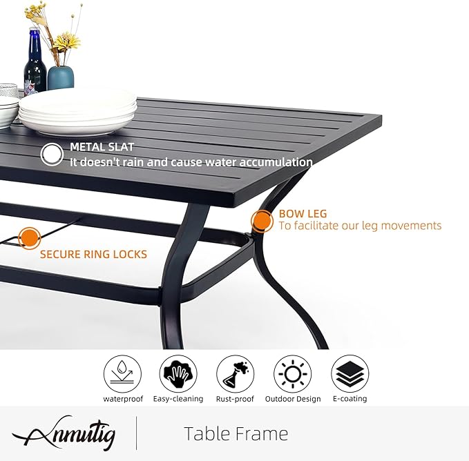 Anmutig 7 Piece Outdoor Dining Set, 60"X38" Rectangular Table with 6 Gray Stackable Patio Chairs, All Weather Furniture Set for Garden