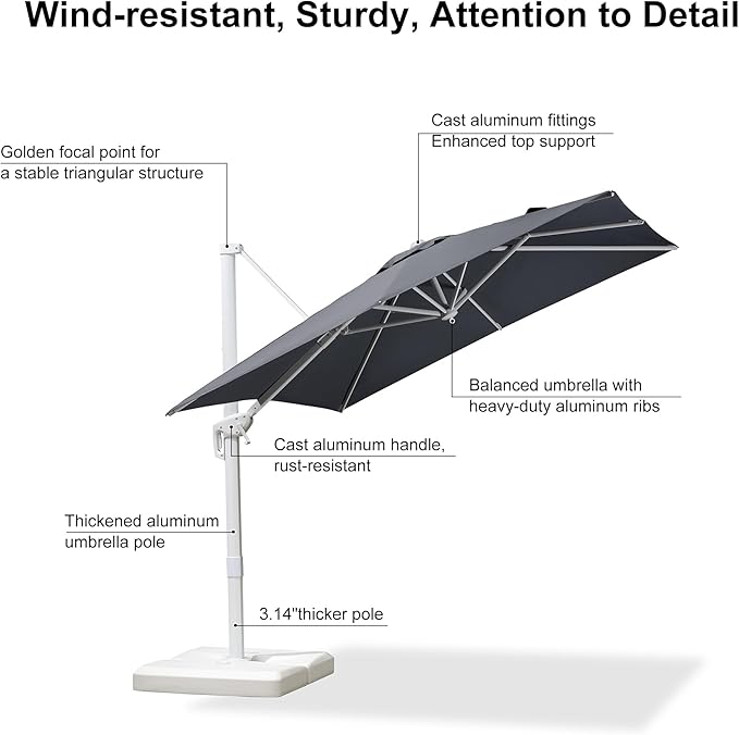 PURPLE LEAF 8 FT Patio Umbrella With Base White Cantilever Umbrella Square Outdoor Offset Umbrella Windproof with 360° Rotation for Garden Deck Pool, Light Grey