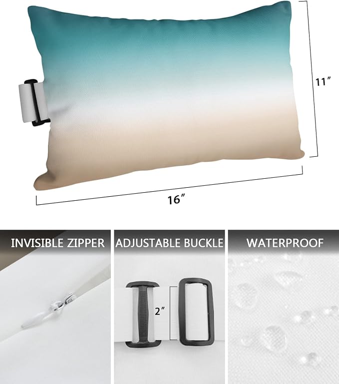 Outdoor Chaise Lounge Head Pillow, Ombre Color Throw Pillow Soft Lumbar Pillows with Elastic Straps and Insert, 1 Pack Headrest Cushion for Patio Pool Beach 11x16 Khaki and Aqua Painting