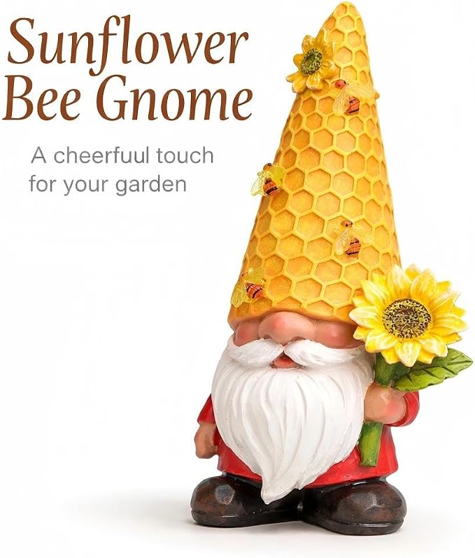 12.3''Garden Sunflower Gnomes Outdoor Statues Clearance for Garden Decor with Solar Bee Lights,Summer Decorations Gnomes Outside Decor - Gifts for Mom Woman,Yard Art Ornament for Patio Lawn