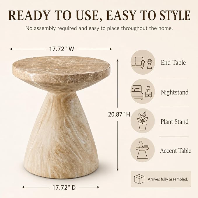 Stone Side Table,ModernStone End Table,GardenAccent Table Faux Terrazzo Accent Table,Round Faux Marble Side Table for Balcony (Marble-18)