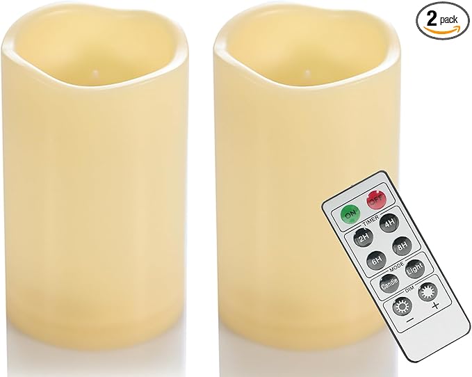 2 Pack 5'' Outdoor Battery Operated Candles with Timer Flameless LED Flickering Candles Waterproof Electric Pillar Decorative Candle for Wedding Party Home Lantern Garden