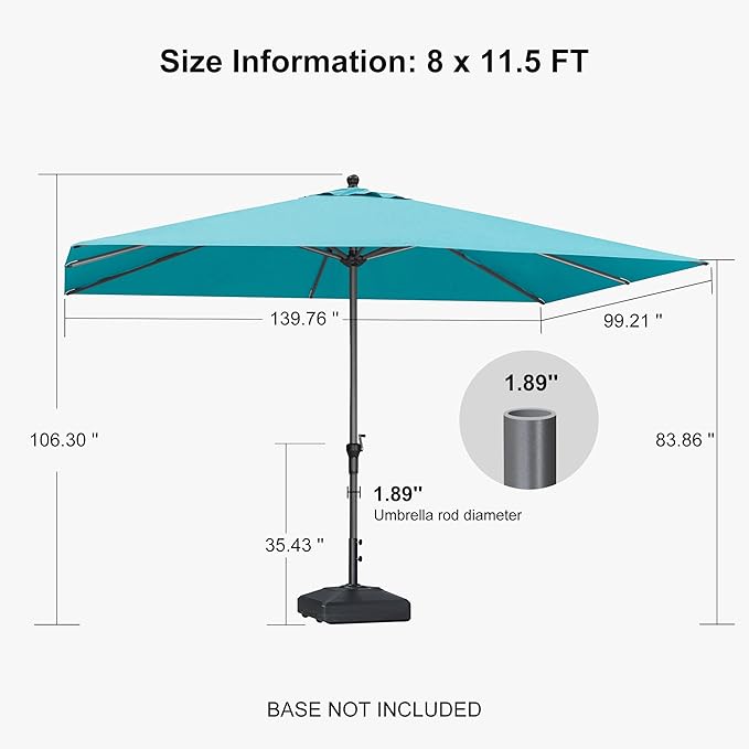 PURPLE LEAF 11.5' x 8' Patio Market Umbrella Outdoor Table Sun Umbrellas with Crank 8 Aluminum Sturdy Ribs for Pool Deck Backyard Beach Turquoise Blue