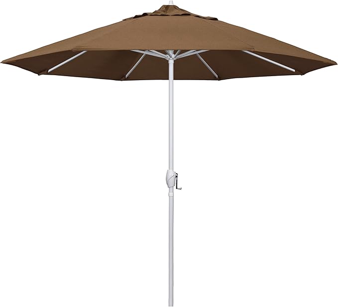 California Umbrella 12-Year Protection 9' Rd Aluminum Patio Umbrella, Crank Lift, Auto Tilt, White Finish, Sunbrella Teak