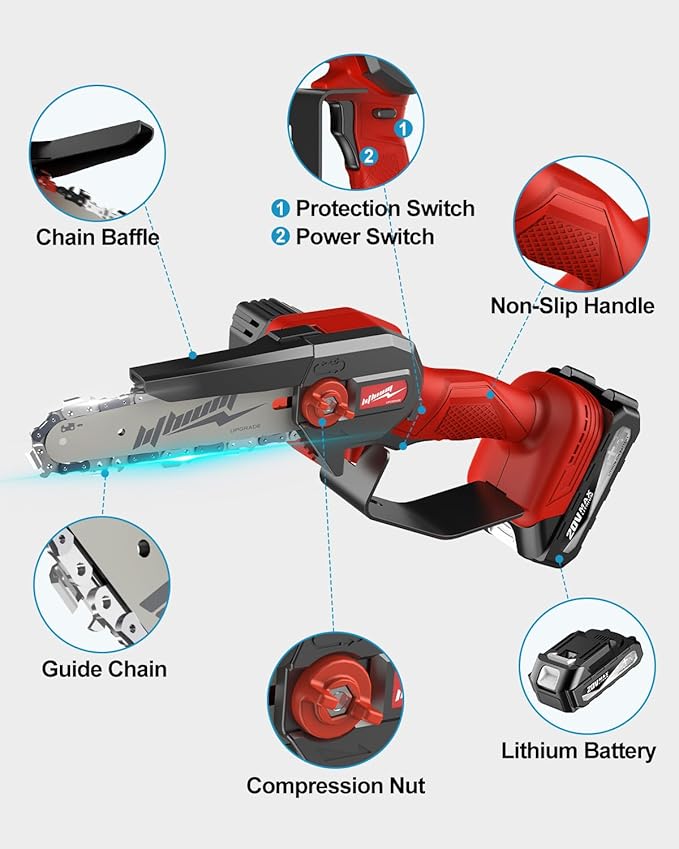 Fostex Mini Chainsaw Cordless, 6 Inch Handheld Electric Chain Saw, 2×2 Ah Batteries & 2 Chains, Lightweight Small Tree Trimmer for Wood Cutting, Yard & Garden, Ideal Gift for Dad, Men & Women (Red)