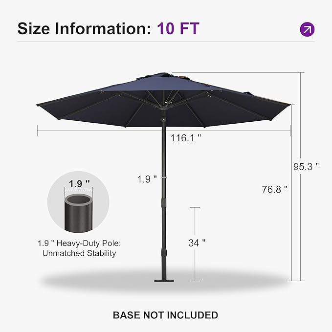PURPLE LEAF 10Ft Round Semi-Auto Outdoor Patio Umbrella Aluminium Market Umbrella Table Sun Umbrella with 1.89" Rod and 8 Sturdy Ribs for Deck Lawn Pool Garden, Navy Blue