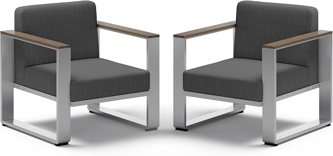 2 Pieces Outdoor Aluminum Armchair, Modern Patio Patio Furniture with Wide Seat and Thick Cushions, All-Weather Oversized Couch for Deck, Porch