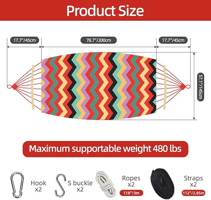Double Hammock 9.5FT Extra Large Hammock with Carrying Bag - 2 Persons Hammock Portable Hanging Camping Bed for Patio, Backyard, Porch, Outdoor and Indoor Use - Soft Cotton, 290x145cm