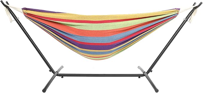 Cotton Hammock with Space Saving Steel Stand,9ft Black Steel Pipe Hammock Frame with 200 * 150cm Polyester Cotton Hammock Iron Hammock Set (Color Stripe)