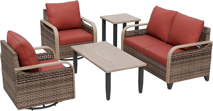 COOS BAY Modern Wicker Outdoor Furniture Set, 5 Piece Patio Conversation Set with 2 Swivel Rockers, a Loveseat, Coffee Table and Side Table, 5 Piece, Brown/Red