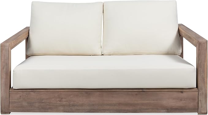 Christopher Knight Home Rammus 2 Pieces Outdoor Conversation Set, Acacia Wood Chat Set, Rectangular Coffee Table and Patio Loveseat Sofa, Slat Design Patio Furniture Set for Garden, Beige + Brown