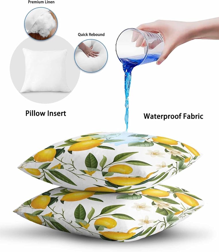 Outdoor Waterproof Throw Pillows Watercolor Lemon Green Leaves Flower Patio Pillows,Decorative Pillow Covers with Insert,Pillow Cushion Case for Garden Couch Sofa Farm Fruit Harvest