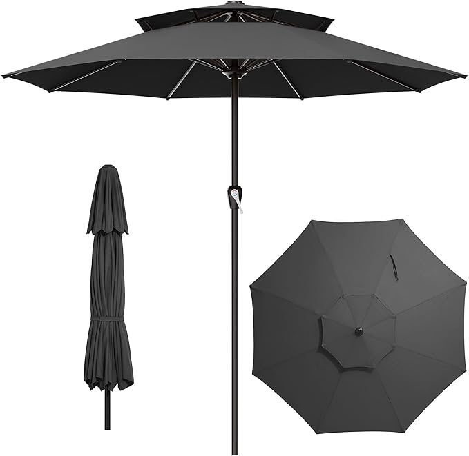 AreShark 12ft 2 Tiers Patio Umbrella - Outdoor Umbrella Waterproof UV Protection, Market Table Umbrella w/ 8 Sturdy Ribs&Crank for Pool, Porch, Garden(Black)