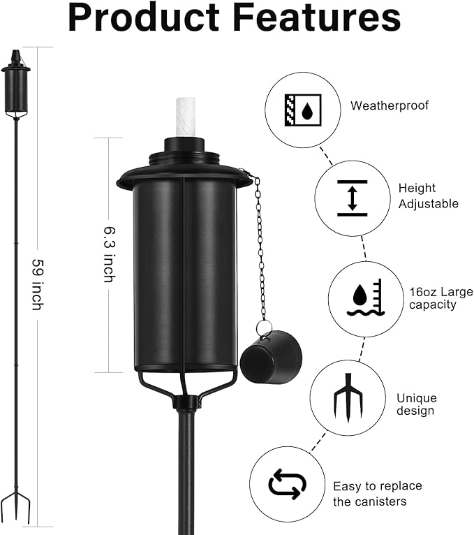 SNOGSWOG 6 Pack Garden Torches, 16 oz Metal Torch for Outside with 3-Prong Grounded Stake, Outdoor Decorative Citronella Torches, 59 inch Garden Décor Torches