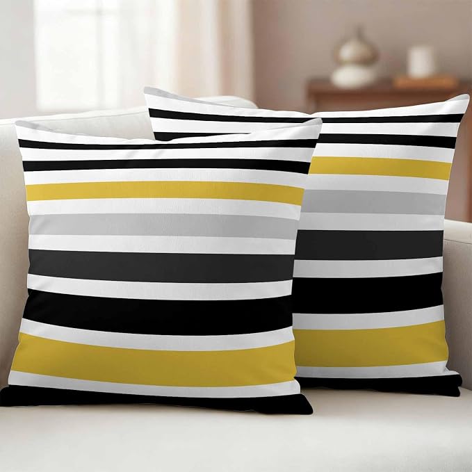 Outdoor Pillow Covers Set of 2, Watercolor Classic Stripe Decorative Throw Pillow Covers 18X18IN, Grey Black Yellow Lines Throw Pillows Protector Cushion Case for Patio,Couch,Sofa,Garden