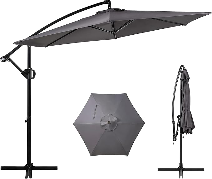 Shintenchi Offset Patio Umbrella with Easy Tilt Adjustment,Crank and Cross Base, Outdoor Cantilever Hanging Umbrella, Sunshade Free Standing Canopy, Dark Gray