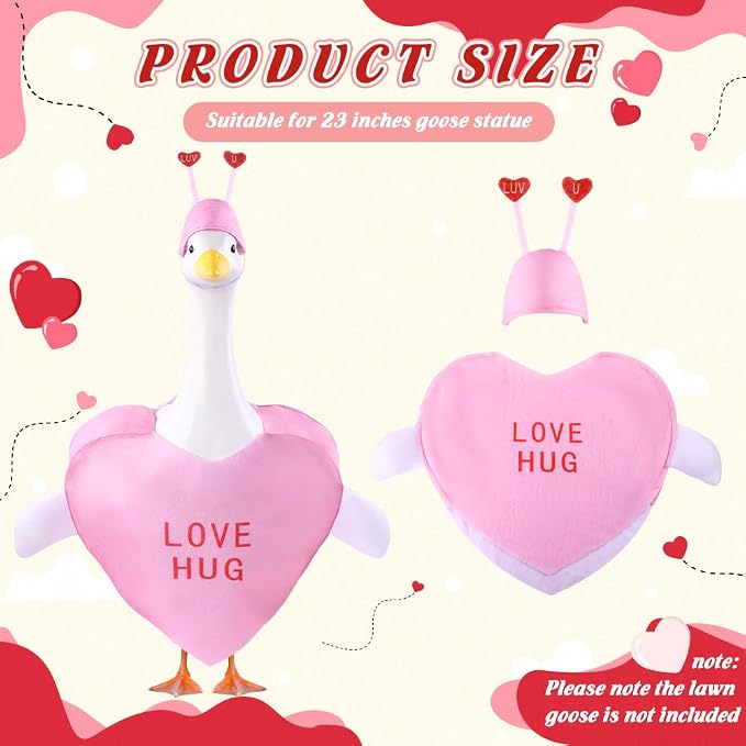 Valentine's Day Goose Outfit for 23" Porch Goose Holiday Pink Red Heart Cloths Costume Valentines Party Outdoor Garden Patio Yard Lawn Art Decoration(Love Hug)