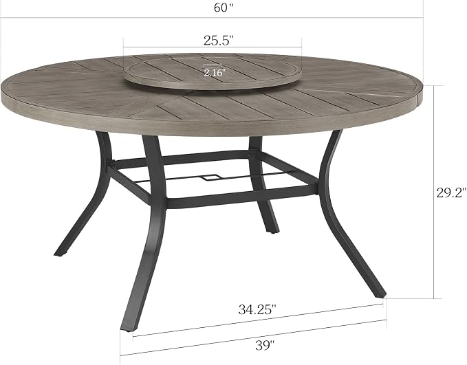 Ulax furniture Outdoor 60" Aluminum Round Dining Table with Lazy Susan - Perfect for 6 Person