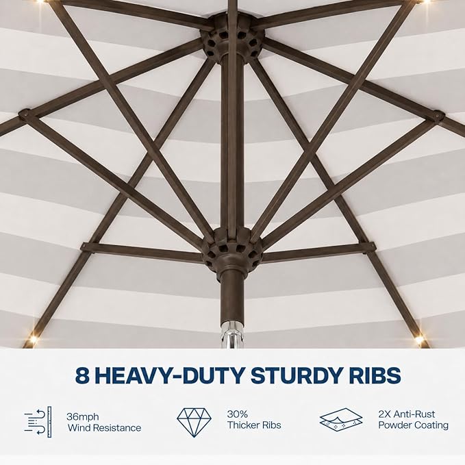 10FT Solar Patio Umbrella with Lights, Outdoor Table Market Umbrella with 32 LED Lights, 8 Sturdy Ribs, Push Button Tilt and Crank for Pool, Deck and Garden, UV-Resistant