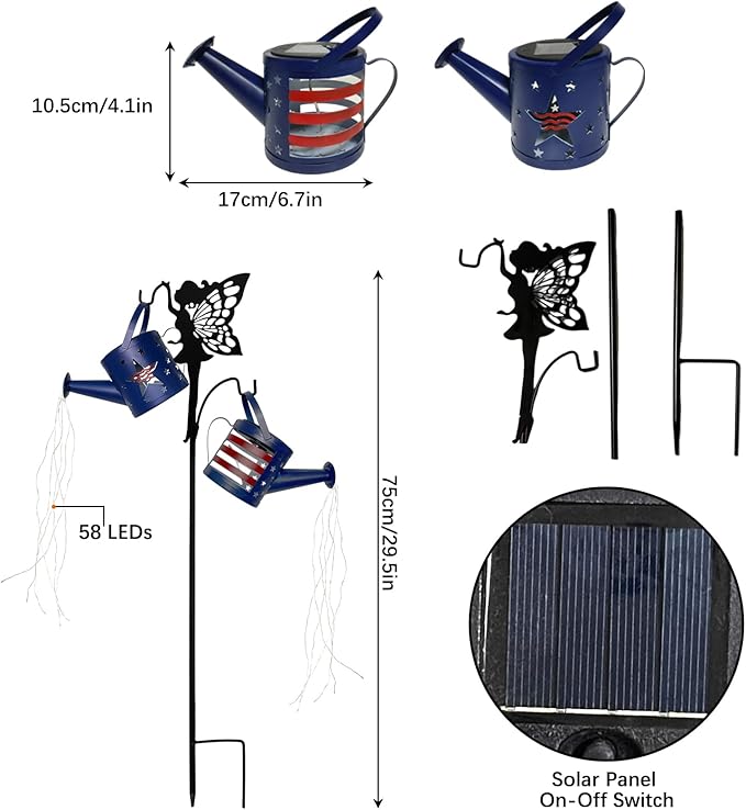 DDQ Solar Watering Can Lights, Warm White/Color LED with Shepherd Hook, IP65 Waterproof Metal Garden Decor, Auto On/Off for Patio Backyard for Mom Birthday Christmas