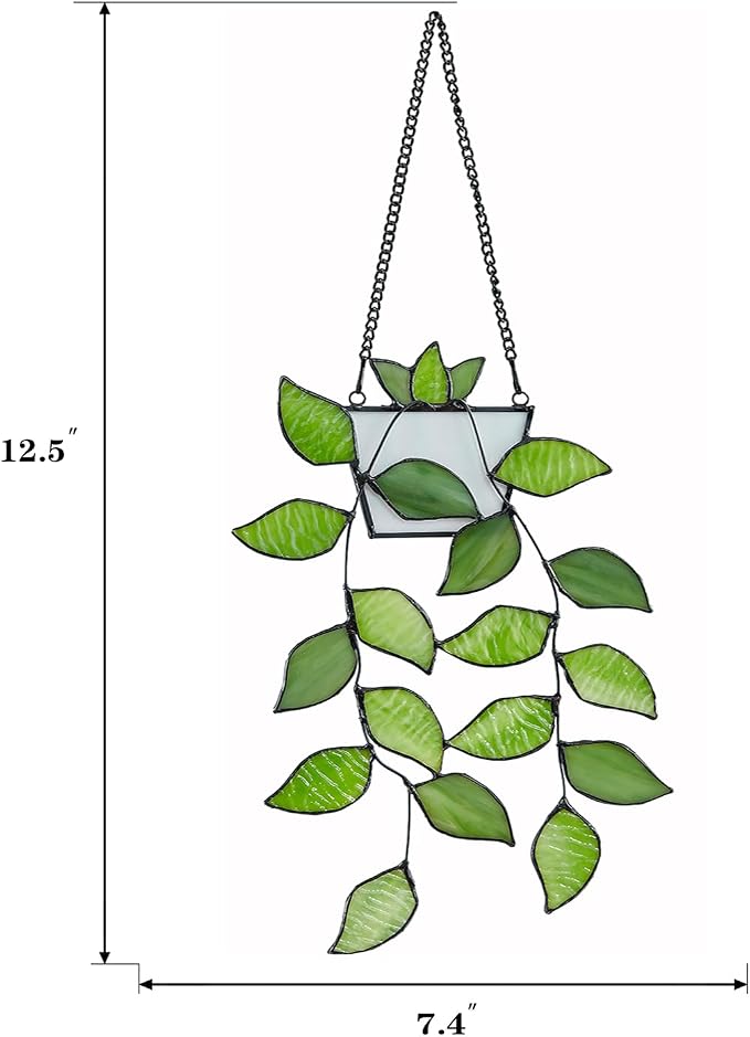 Stained Glass Window Hanging, Green Leaf Plant Suncatcher Decor | Rswardeleco Stained Glass Window Hanging, Green Leaf Plant Suncatcher with Chain, Home Wall Art Decor, Gift for Plant Lovers