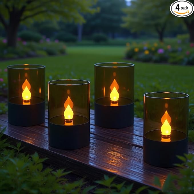 Bright Zeal Gray Solar Flickering Candle – 4.5" 4-Pack, Waterproof LED Flameless Outdoor Pillar Lights for Pathway, Garden & Patio, Spring & Summer Decor