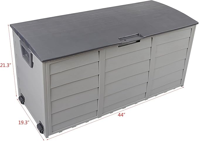 75 Gallon Plastic Deck Box with Wheels, Lockable Patio Outdoor Storage Box for Furniture, Garden Tools and Tools Storage, Waterproof Outside Storage Boxes - Large, Grey