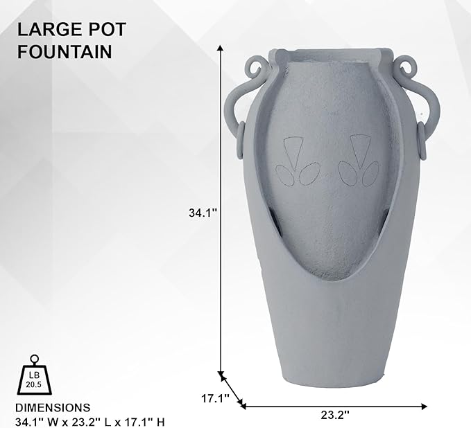 Xbrand 34" Solar Pot Fountain, Amphora-Inspired Design, Outdoor Water Fountain, Polyresin, Gray