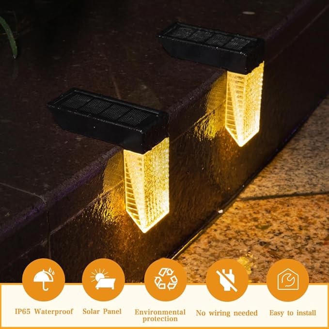 Upgraded Wireless Solar Step Lights. 5X Longer Life Than Ordinary. Strong 3M Adhesive + Screws. IP65 Waterproof for Stairs/Decks/patios. Reliable Performance(Warm & RGB Changing)